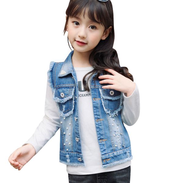 

girls vest denim 3-13y ripped coat girl denim kids cowboy vest waistcoat sleeveless jean jackets for kids children outerwear, Blue