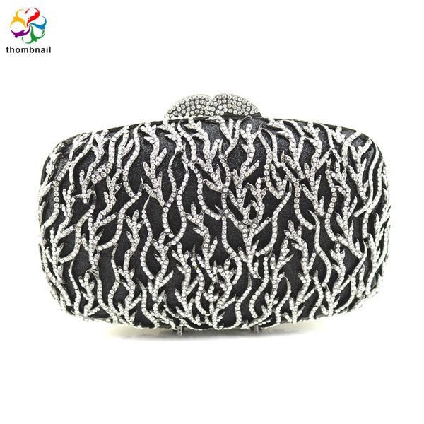 

black jet crystal clutch evening bag for women metal floral clutches wedding party flower rose handbag and purse