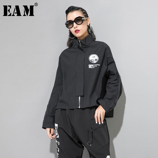 

eam] loose fit black pattern print hit color jacket new stand long sleeve women coat fashion tide autumn winter 2019 1b779, Black;brown