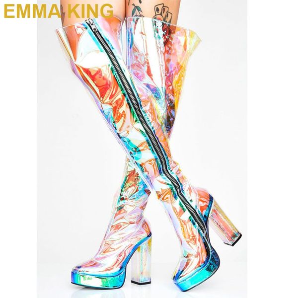 

runway punk style colorful pvc long boots chunky heel women thigh high boots high heels platform pumps over the knee, Black