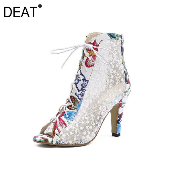 

deat] 2020 round toe bandage mixed colors print mesh embroider single women short cool boots new spring summer fashion 10g182, Black
