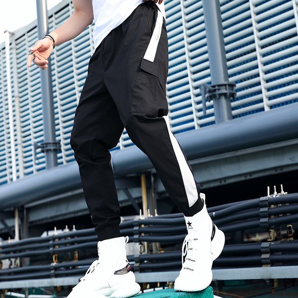 

men's sweatpants side stripe hip hop track pants street wear skinny jogger sweatpants elastic waist male casual trousers, Black