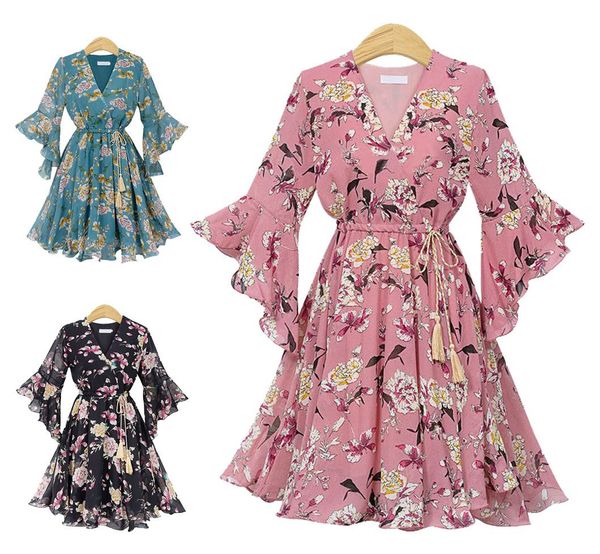 

short plus printed dress women v-neck pleated short chiffon beach vintage boho casual maxi dresses special party gown with flying sleeves, Black;gray