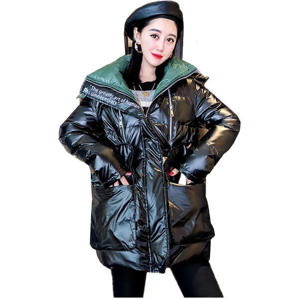 

glossy cotton jacket women winter hooded parka korean loose solid padded jacket fashion mid-length warm overcoat women tide g278, Black
