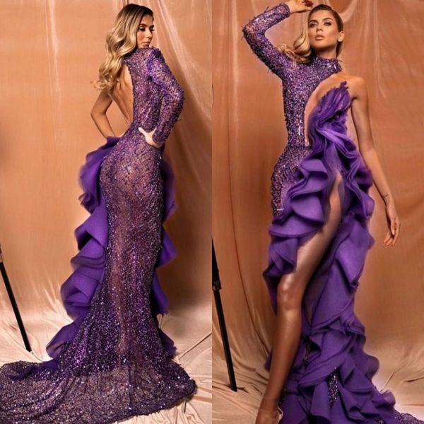 2020 фиолетовый одно плечо вечерние платья без спинки с длинным рукавом иллюзия высокого разрыва с бисером русалка выпускные платья русалка