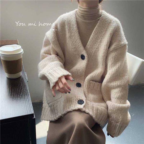 

deivor simple temperament languid casual loose show thin long sleeve sweater cardigan women's coat, White