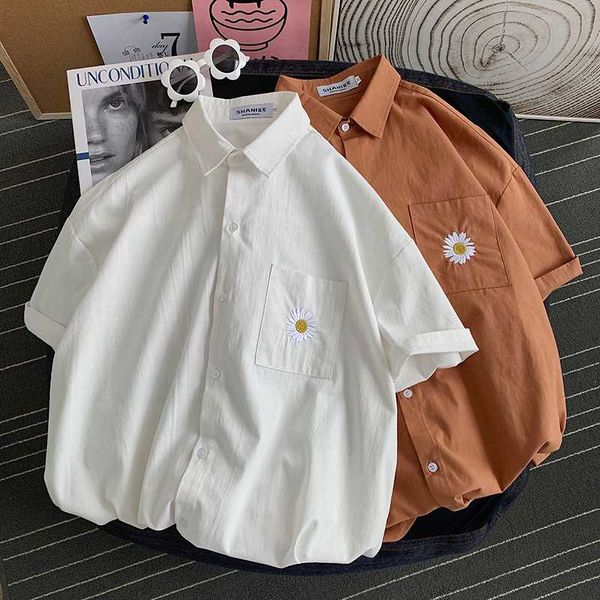 

casual solid shirt men cotton flowers harajuku shirt japanese summer blouse short sleeve fashion classic camisa masculina 2020, White;black