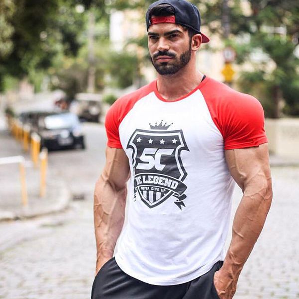 

men cotton short sleeve t shirts casual slim patchwork printed t-shirt male gyms fitness bodybuilding tee workout cl, White;black