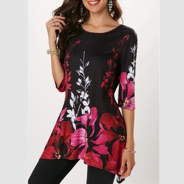 

women half sleeve flower print t-shirt 2020 new summer casual loose o-neck asymmetrical tee ladies plus size t-shirt female, White
