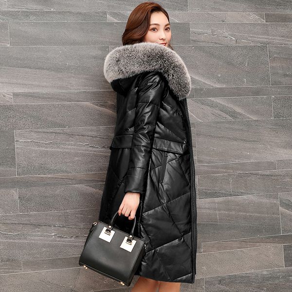 

плюс размер натуральной овчины длинные зимы женщин пальто меховой воротник с капюшоном outwear пальто из натуральной кожи женщин вниз куртка, Black