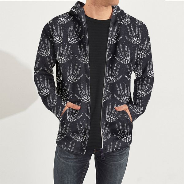 

halloween funny sweatshirts men skeleton hand printed long sleeves zipper hooded hoodies jacket men loose bomber jackets 2019, Black