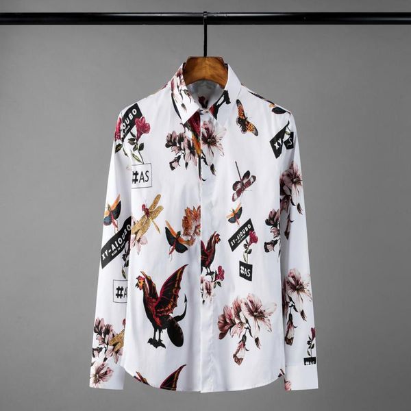 

men's casual shirts digital printing luxury phoenix long sleeve mens dress plus size 4xl fashion slim fit male, White;black