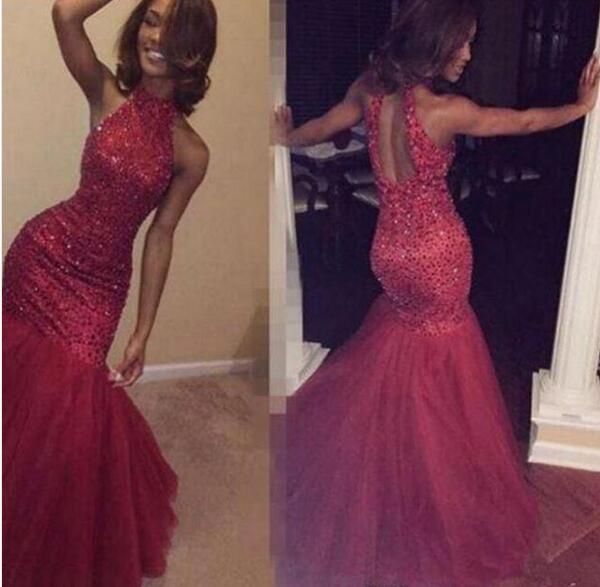 

luxury robe de soiree long halter beaded red evening dresses sleeveless vestido de festa zipper tulle mermaid prom gowns, Black;red