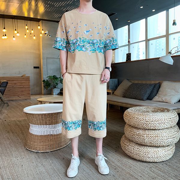 

много рыбы печати свободный хлопок и брюки с коротким рукавом футболки костюм для мужчин в китайском лете, Gray