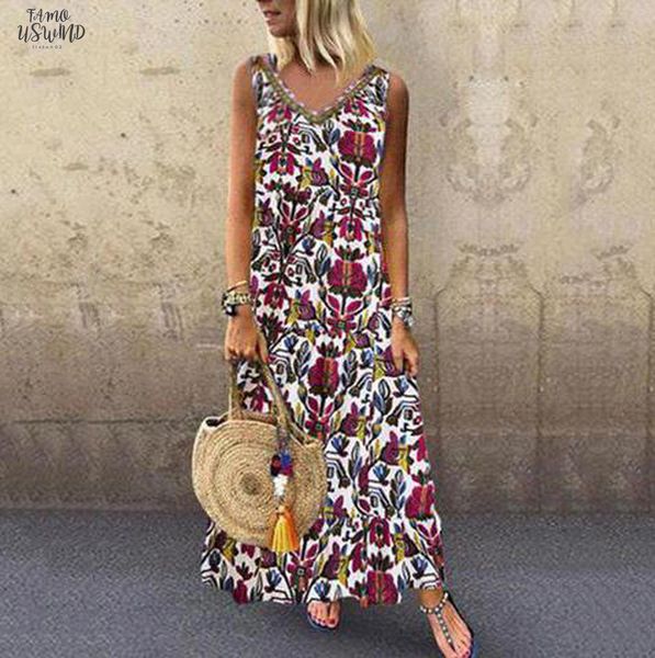 

long dress women summer 2020 vintage folk print v neck sleeveless maxi dress plus size bohemian loose sleeveless cotton linen vestidos, Black;gray