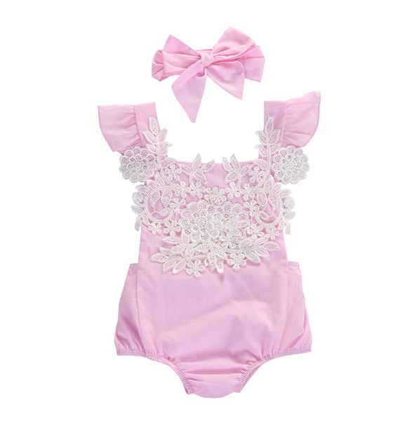 

flower pink jumpsuit headband outfits baby clothing sunsuit newborn infant baby girls lace floral clothes bodysuits 0-18m, Blue