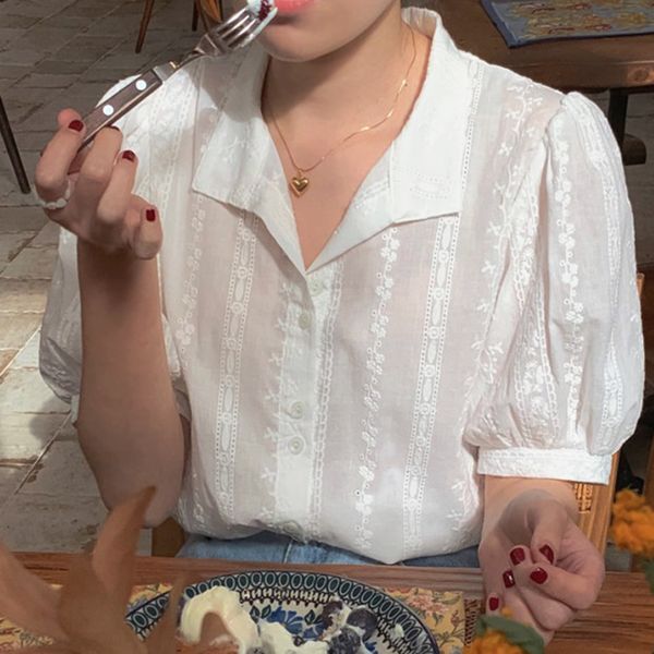 

chic gentle single-breasted loose heavy industry lace embroidery puff sleeve shirt women, White