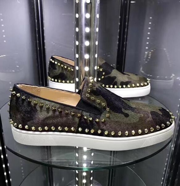 

men flats red bottom sneakers shoes rivets men low casual flat shoes,real leather pik spiked slip on with horse hair leather army green camo, Black
