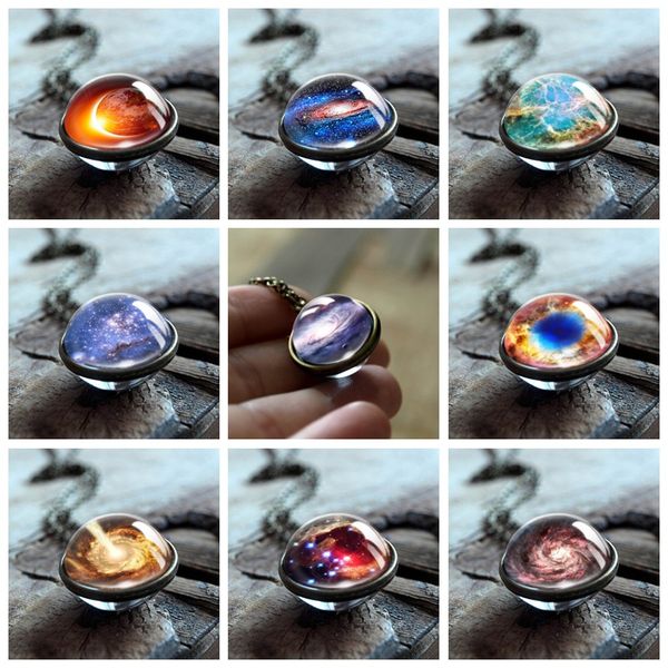 

galaxy double sided pendant necklace glass handmade statement universe planet necklace for women men mix designs, Silver