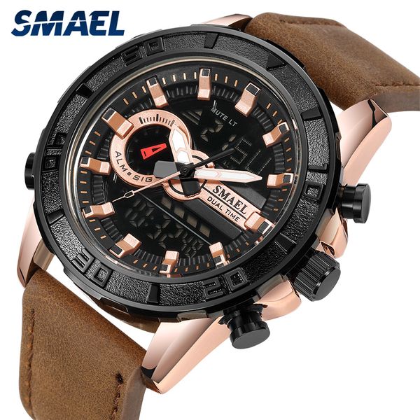 

smael men sports quartz watches fashion clock 30m waterproof metal satch pu leather led wristwatch men's watches, Slivery;brown