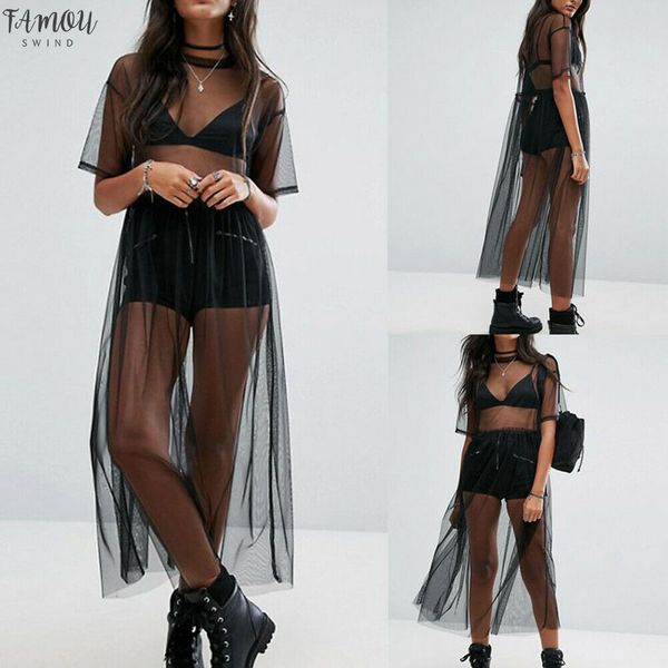 

women black see-through mesh short sleeve cover up dress sheer maxi dress tulle lace long dress, Black;gray