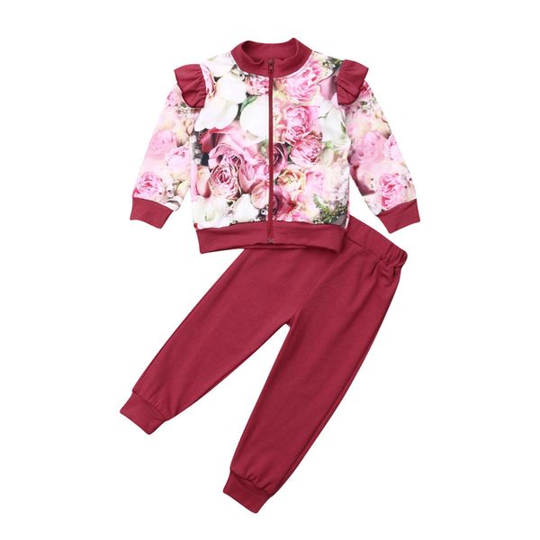 

kid baby girl clothes flower clothes ruffle long sleeve t-shirt pants 2pcs outfit autumn winter cotton casual clothes set y200325, White