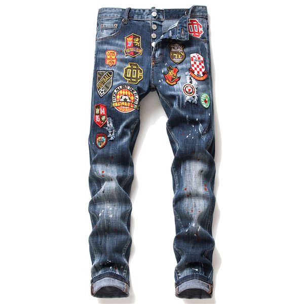 

ђникалнй mens знак онкий fit джин мода оий омвае изноенне motocycle denim бѬк, Blue