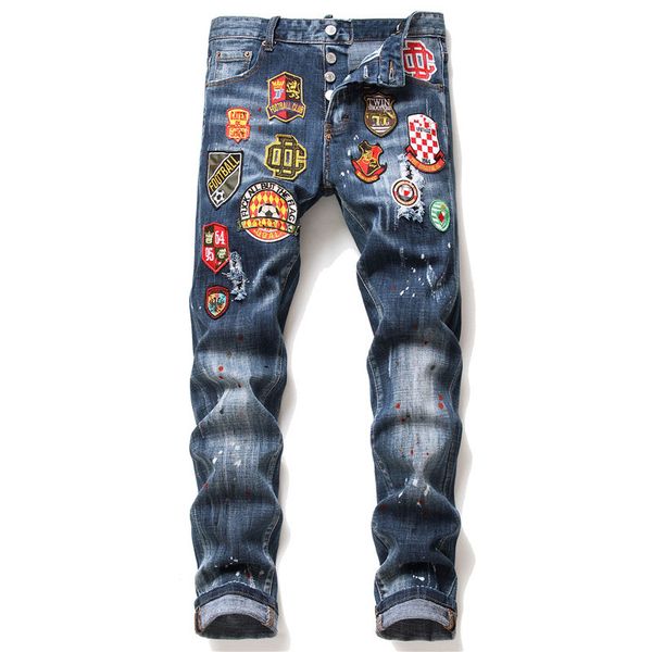 Uomo Più Badge Jeans slim fit Gamba dritta Stilista Sreetwear Dipinto Biker Pantaloni denim da uomo Taglia