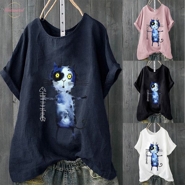 

summer new fashion women plus size short sleeve cotton linen o neck cartoon print pullover shirt z4, White