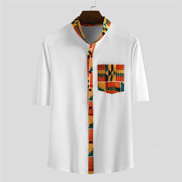 

2020 new men's vintage printed stand collar pocket casual shirts fashion printed short sleeve shirt blouse clothes, White;black