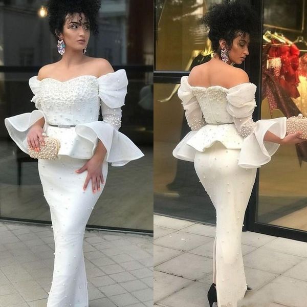 

modest sheath off shoulder prom dresses with pearls ruffle long sleeve formal evening dress party gowns vestido de novia, White;black