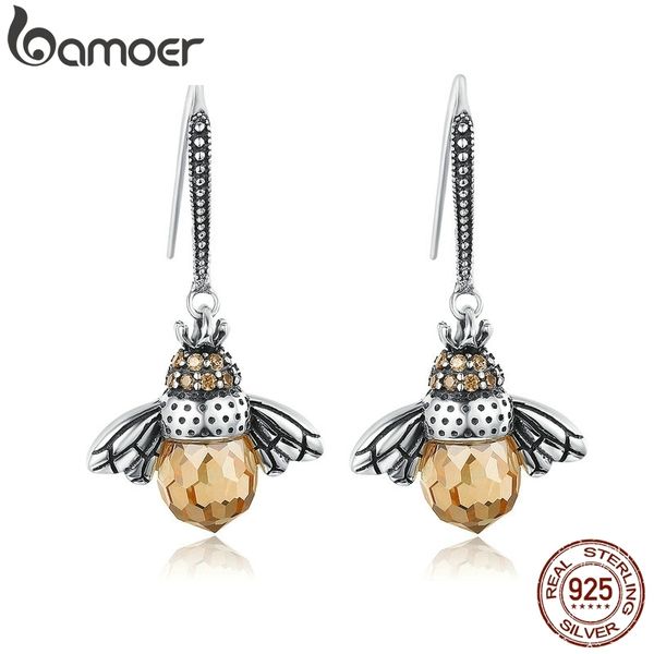 

bamoer genuine 925 sterling silver lovely orange bee animal drop earrings for women fine jewelry gift bijoux sce149