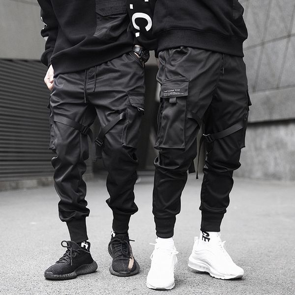 

men ribbons color block pants black pocket cargo harem joggers harajuku sweatpant hip hop trousers