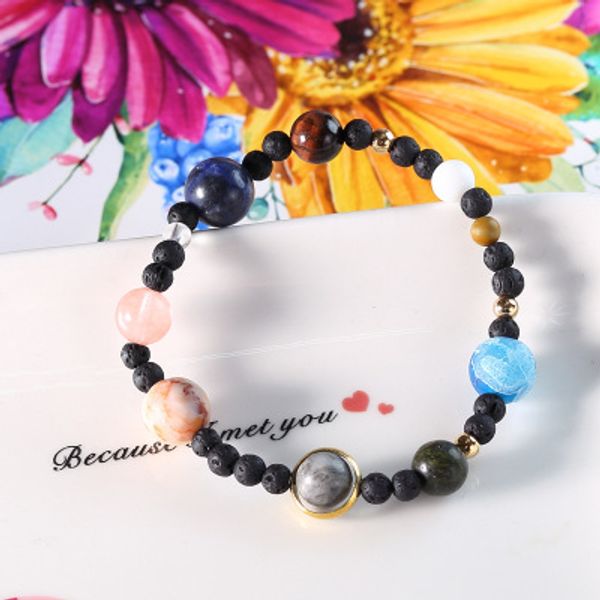

europe and the united states universe galaxy nine big eight planets natural stone elastic bracelet constellation bracelet fashion jewelr, Golden;silver