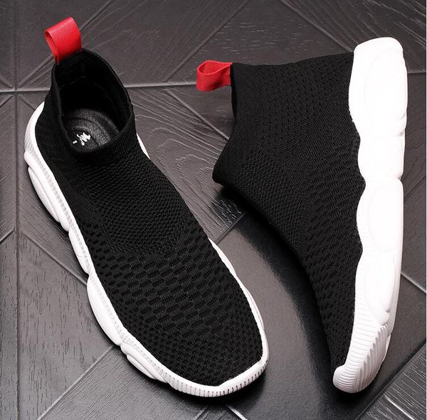 

knitted mens socks shoes hip hop trend mesh men's casual shoes breathable men's sneakers platform board, Black