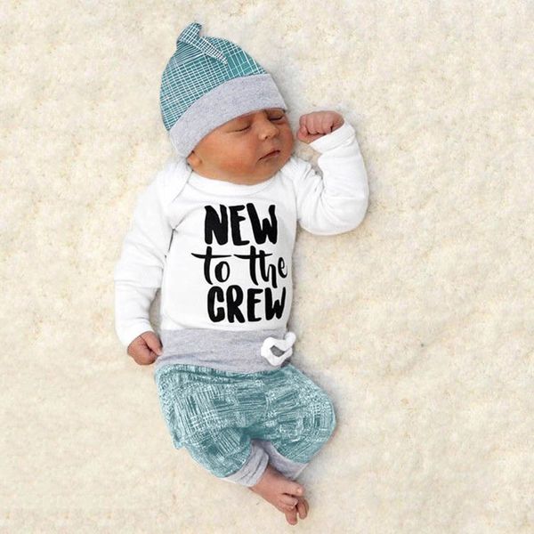 

fashion newborn cotton baby boys girls romper clothes set striped letter print +pants+hat casual set o-neck clothes high quality, Blue