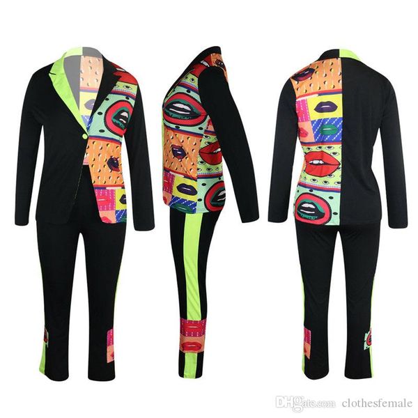

мода печати женщин 2pcs наборы с длинным рукавом нагрудные шеи женщин двухкусочный blazer костюмы женская одежда, White