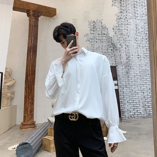 

2020 spring men ruffle long sleeve casual shirt streetwear hiphop male camisa masculina fashion dress shirts stage show clothing, White;black