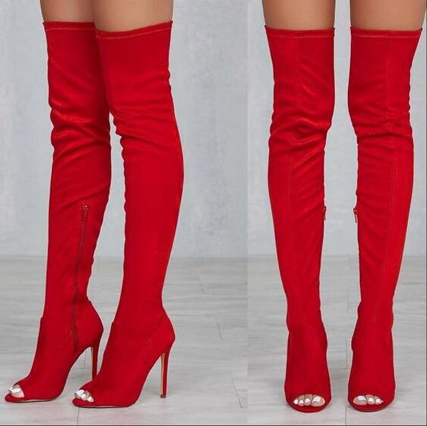 

red stretch over the knee boots women peep toe high heels zipper tight high boots shoes plus size 13 slim fit runway, Black