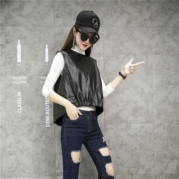 

spring 2020 new sheepskin real leather vest loose waist pullover sleeves solid black jackets genuine leather fashion short coats, Black;white