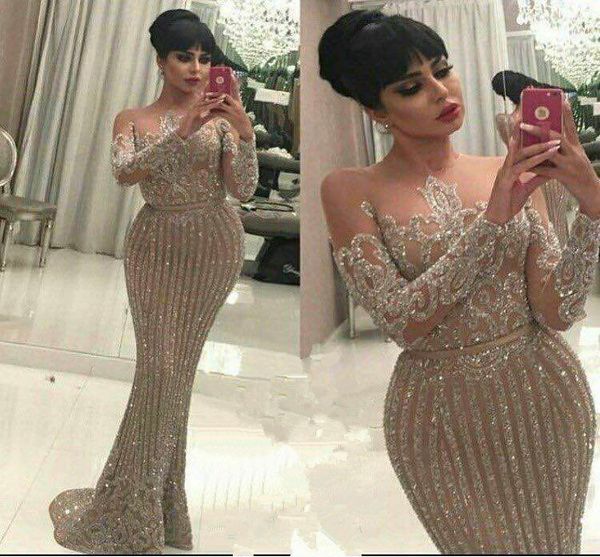 

Long Sleeve Gold Sequined Mermaid Arabic Dubai Woman Evening Dresses 2019 Prom Dress Party Gowns Plus Size Abendkleider robe de soiree