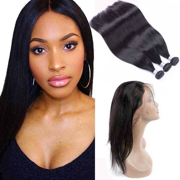 

raw indian virgin hair extensions straight human hair 3 bundles with 360 lace frontal 4 pieces one set hair products bundles with frontal, Black;brown