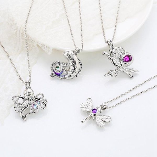

new cage pendant necklace fashion lizard dragon ocs owl dragonfly geometry charms locket diy diffuser necklace for women gift, Silver