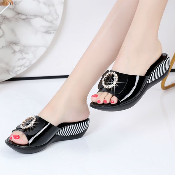 

women slippers ladies shoes summer genuine leather wedges mid heel crystal butterfly knot striped fashion casual outdoor beach, Black