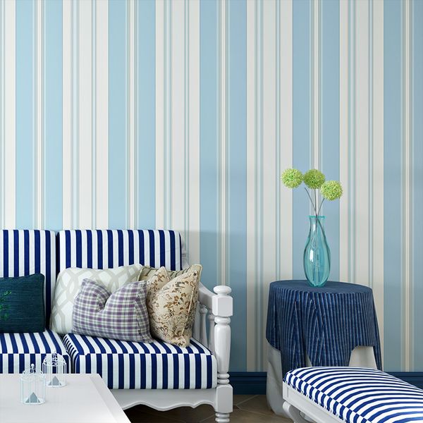 

warm vertical stripes wallpaper fresh mediterranean blue pink with white background wall paper eco-friendly kids room bedroom wallpaper