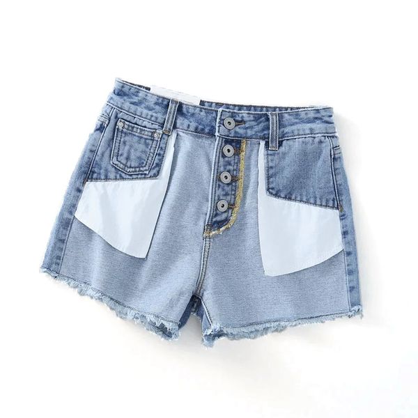 

women high waist jeans shorts washed do old casual burrs straight shorts jeans women contrast color pocket valgus, Blue
