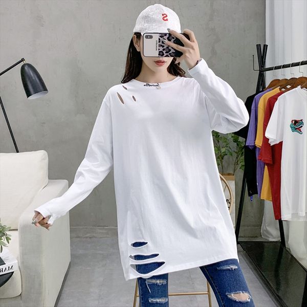 

осень бархат база t- рубашка женская с длинными рукавами средней длины белая футболка хлопок свободный большой размер жира мм внутренний вер, White