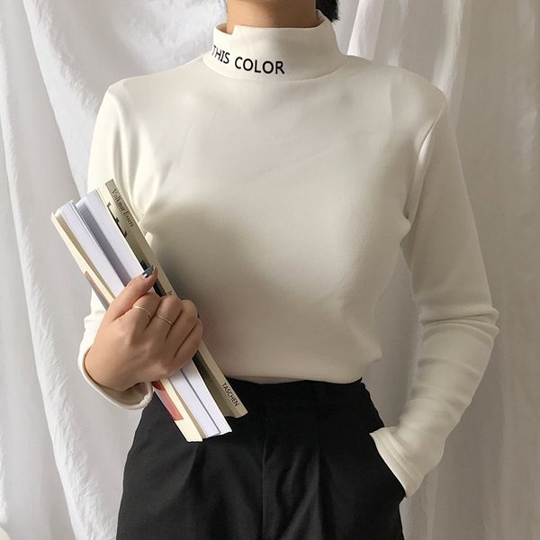 

женщины футболка водолазка с длинным рукавом европейский стиль тонкий топы 2020 весна новая женская мода офис твердые тройники черный и белы, White