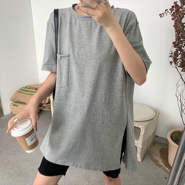 

расслабьте все-матч женщина 2020 сплошного цвета раскола длинный короткий рукав сыпучей футболка верх всего матч футболка женской 2020 сплош, White