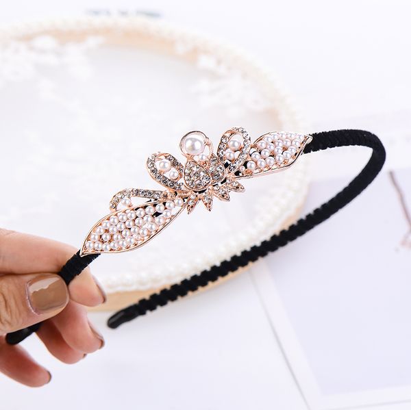 

women girls korean crystal pearl hair band headband bow knot flower hairbands wedding party elegant hair accessories, Golden;white